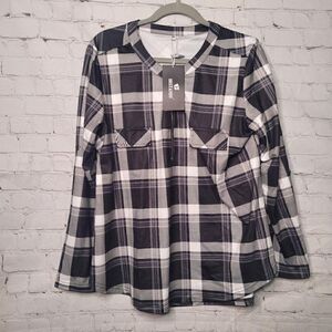 Women's Plaid Roll Up Sleeves Tunic Top XXL